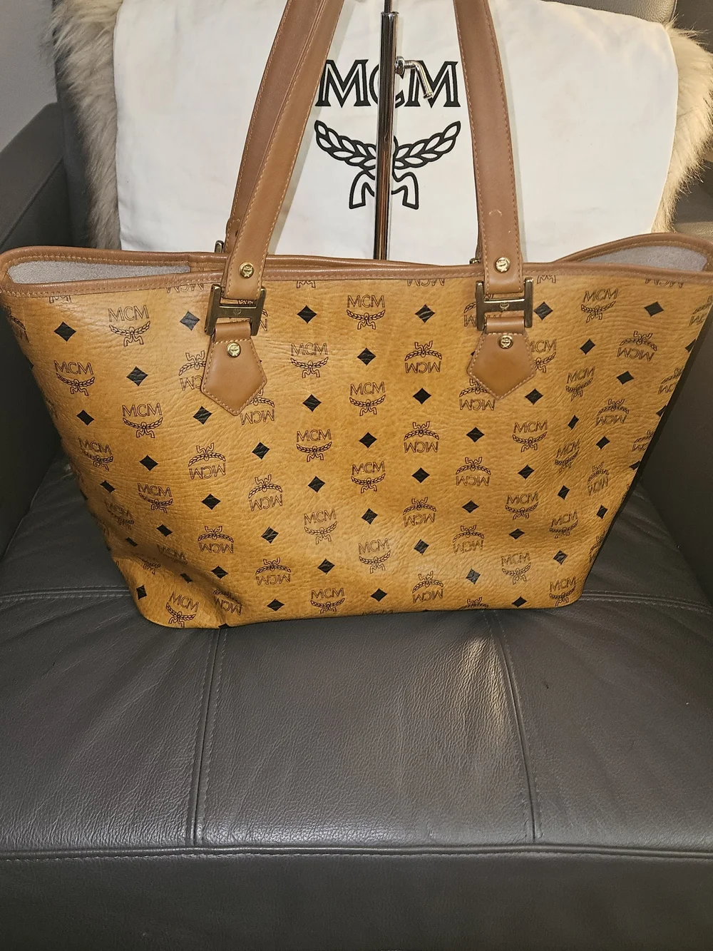 MCM Cognac Visetos Logo Tote with Orange Center Stripe